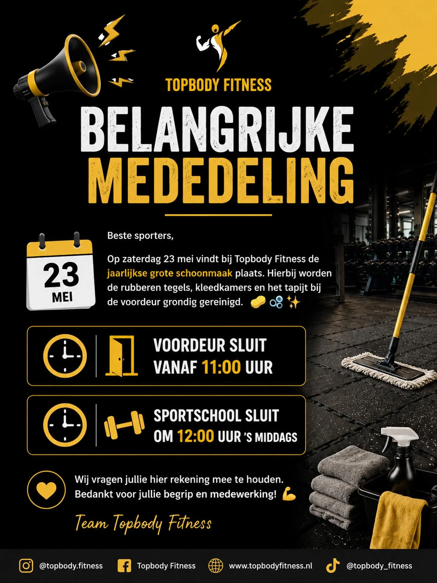 Belangrijke mededeling: jaarlijkse schoonmaak op 23 mei